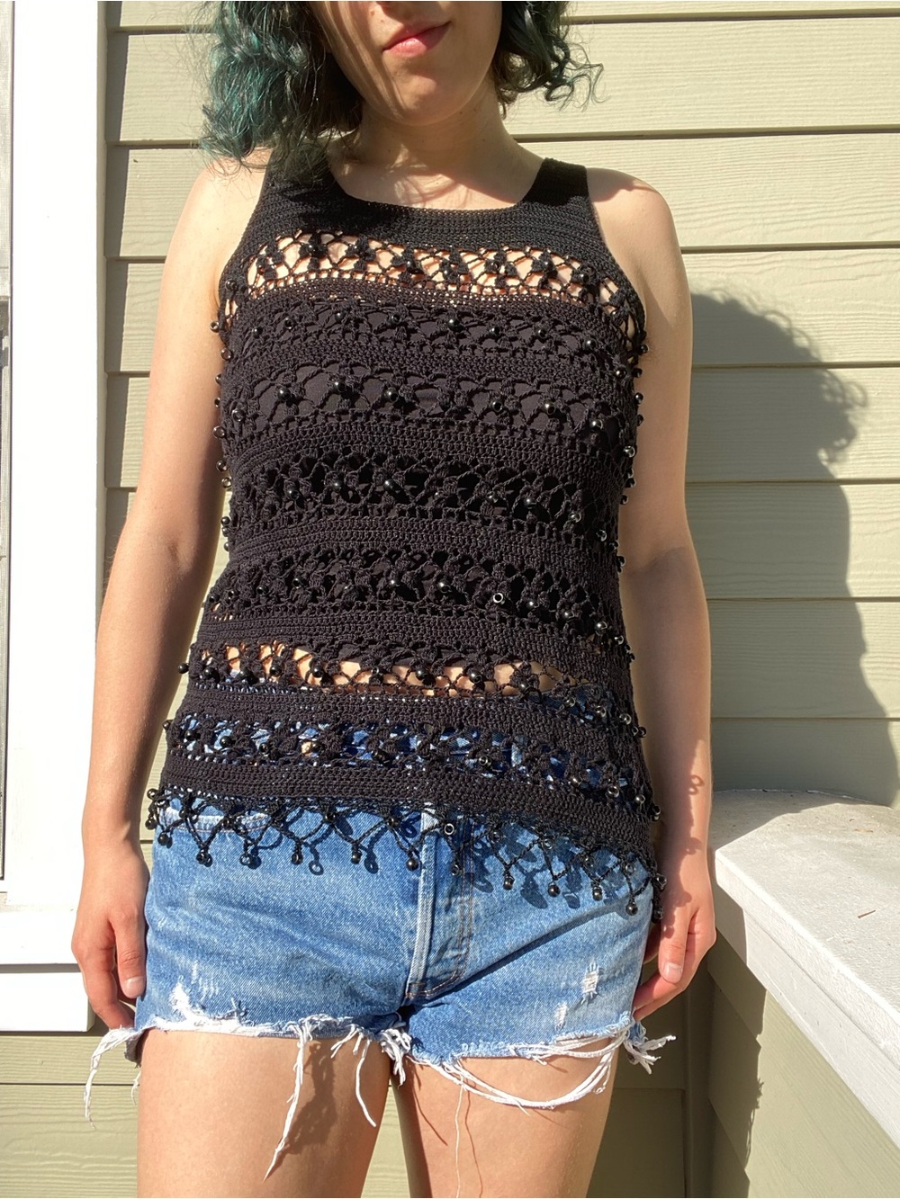 Nina Baratoff Black Crochet Beaded Tank Top